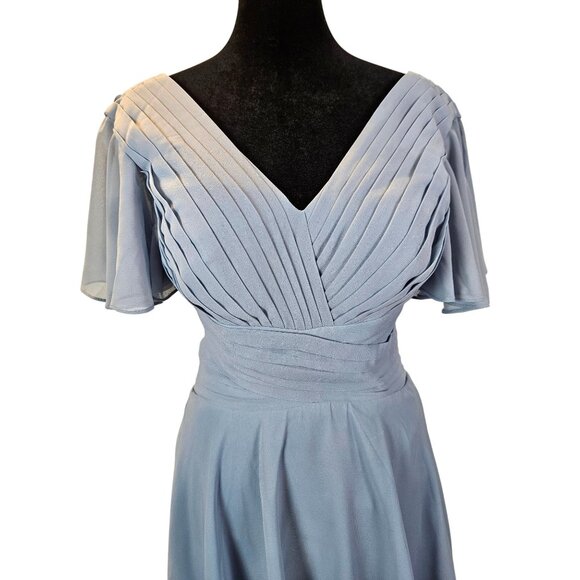 Lavetir Womens Dusty Blue Pleated V-Neck Chiffon Midi Dress Size 4 Lace-Up Back - Picture 2 of 12